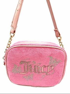 Juicy Couture Pink Terry Cloth Crossbody with Rhinestone Butterflies